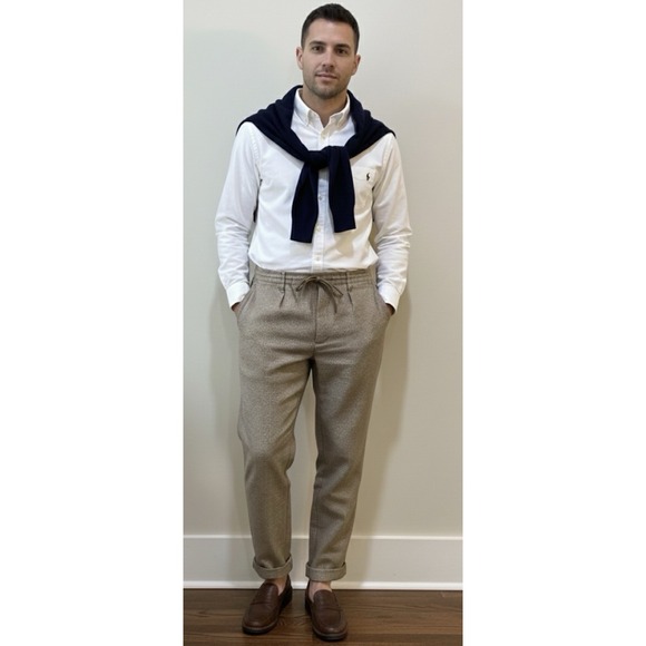 Polo Ralph Lauren Pants Men Size Medium Brown Houndstooth‎ Linen Blend Slim Fit